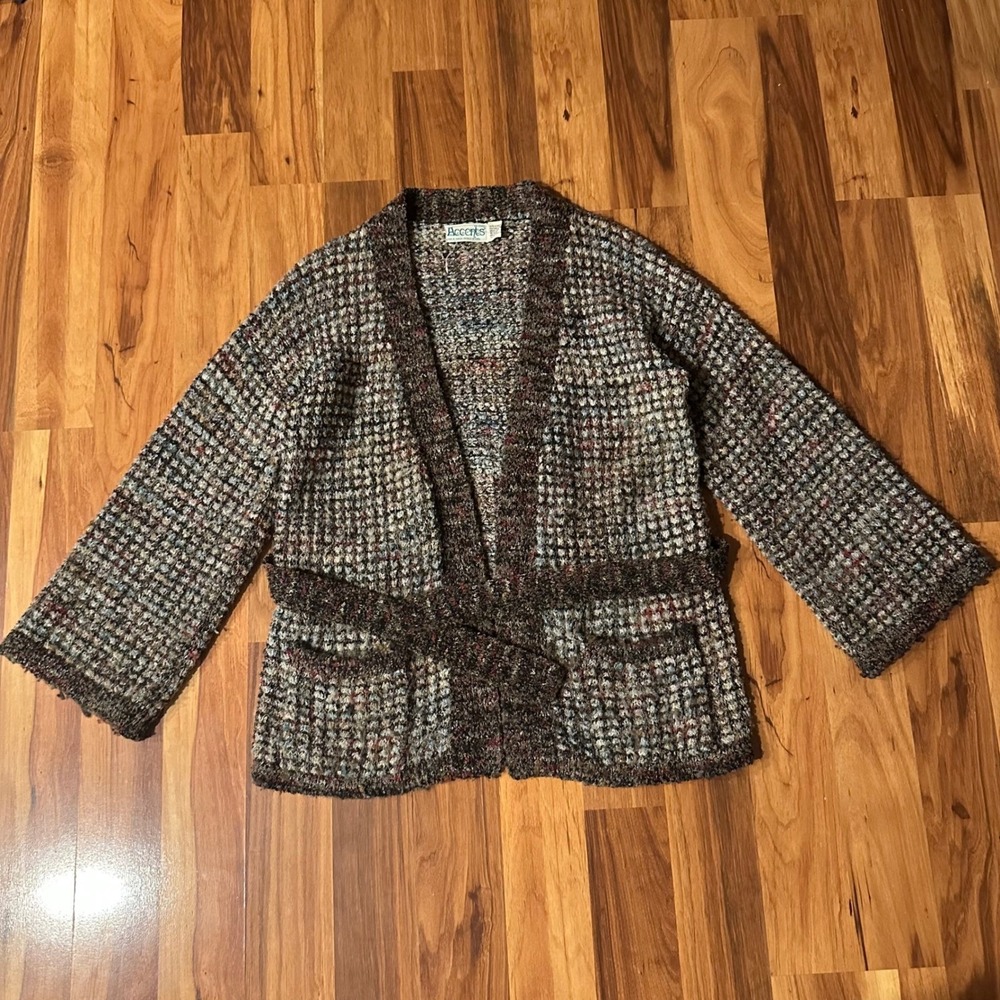 Vintage Accents Brown Waffle Knit Belted Cardigan Sweater Women Medium Large